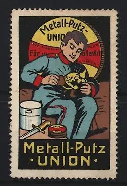 Reklamemarke Metall-Putz Union, Metallpolitur, Soldat poliert Hoheitsadler auf Pickelhaube