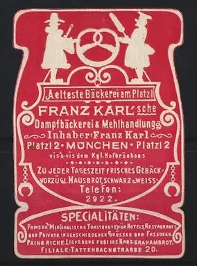 Reklamemarke München, Franz Karl`sche Dampfbäckerei, Platzl 2