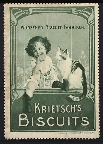 Reklamemarke Wurzen, Krietsch`s Biscuits, Wurzener Biscuit-Fabriken, Kind und Katze