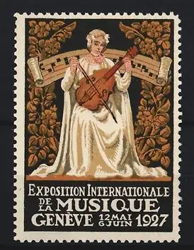Reklamemarke Genève, Exposition Internationale de la Musique 1927, Musikerin mit Instrument