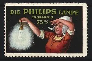 Reklamemarke Philips Lampe, Frau mit Glühbirne
