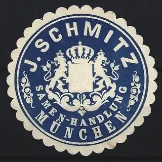 Reklamemarke München, J. Schmitz Samenhandlung, Wappen mit Löwen und Krone