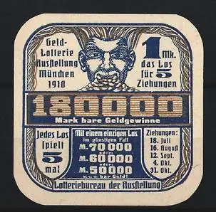 Reklamemarke München, Geldlotterie Ausstellung 1910, Lotteriebüro der Ausstellung