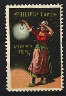 Reklamemarke Philips Lampe, Frau mit Glühbirne