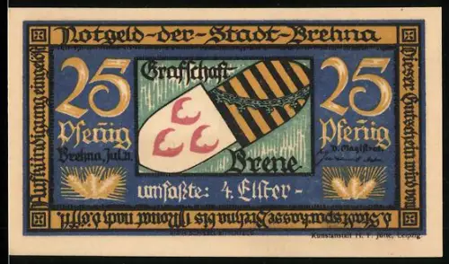 Notgeld Brehna, 25 Pfennig, Wappen der Grafschaft Brehna und Ortsansicht