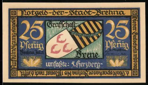 Notgeld Brehna, 25 Pfennig, Wappen der Grafschaft Brehne und Ortsansicht mit Landschaft