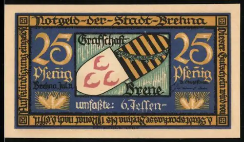 Notgeld Brehna 1921, 25 Pfennig, Wappen der Grafschaft Brehna und Ortsansicht