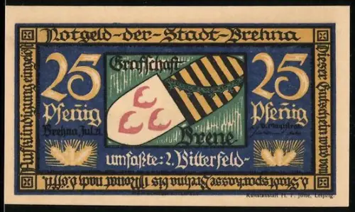 Notgeld Brehna 1921, 25 Pfennig, Wappen und Ortsansicht