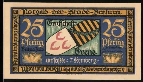 Notgeld Brehna 1921, 25 Pfennig, Wappen der Grafschaft Brehna und Ortsansicht