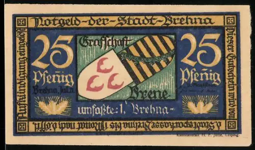 Notgeld Brehna 1921, 25 Pfennig, Wappen und Ortsansicht von Brehna