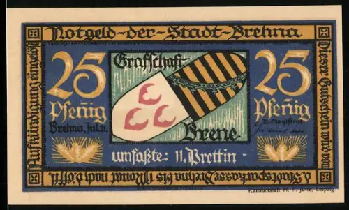 Notgeld Brehna 1921, 25 Pfennig, Wappen der Grafschaft Brehna und Landschaftsansicht