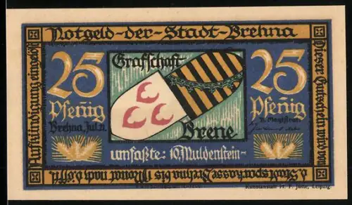 Notgeld Brehna 1921, 25 Pfennig, Wappen der Grafschaft Brehna und Ortsansicht