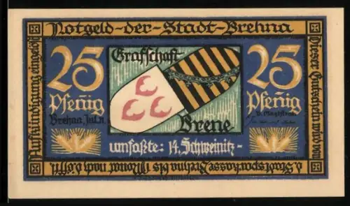Notgeld Brehna 1921, 25 Pfennig, Wappen der Grafschaft Brehna und Ortsansicht