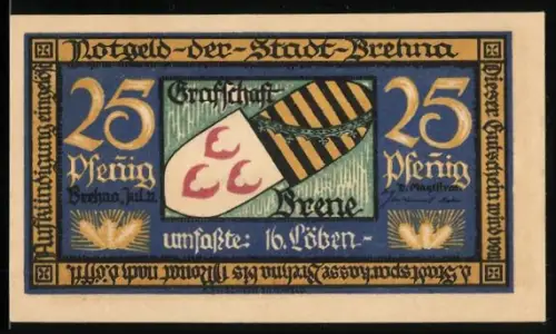 Notgeld Brehna 1921, 25 Pfennig, Grafenwappen und Ortsansicht