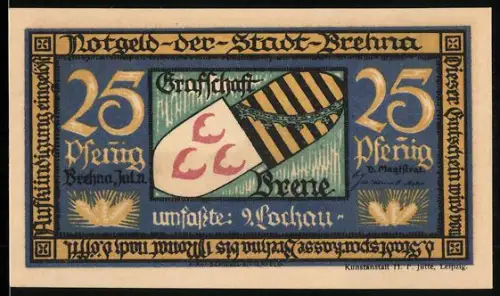 Notgeld Brehna 1921, 25 Pfennig, Wappen der Grafschaft Brehna und Ortsansicht