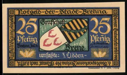 Notgeld Brehna 1921, 25 Pfennig, Wappen und Ortsansicht