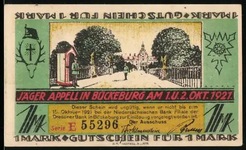 Notgeld Bückeburg 1921, 1 Mark, Jäger-Appell und ländliche Szene mit Gedicht von Dr. Bensen