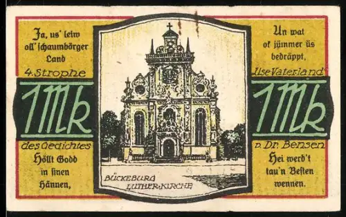 Notgeld Bückeburg 1921, 1 Mark, Lutherkirche und Jäger Appell