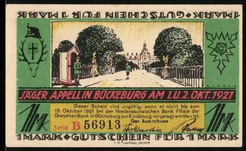 Notgeld Bückeburg 1921, 1 Mark, Jägerappell und Ortsansicht von Bückeburg