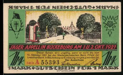 Notgeld Bückeburg 1921, 1 Mark, Jägerappell und Rathausdarstellung