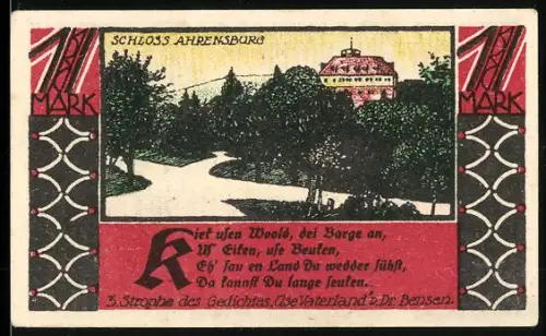 Notgeld Bückeburg 1921, 1 Mark, Schloss Ahrensburg und Jäger Appell in Bückeburg