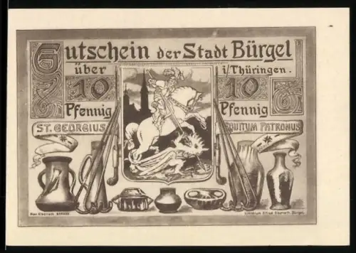 Notgeld Bürgel i. Th. 1921, 10 Pfennig, St. Georg auf Pferd und Töpferwaren