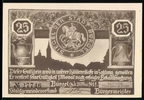 Notgeld Bürgel i. Th. 1921, 25 Pfennig, Stadtwappen und Jagdszene mit Burghintergrund