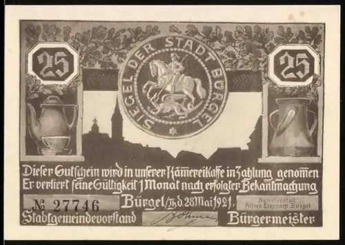 Notgeld Bürgel /Th. 1921, 25 Pfennig, Reiter im Stadtsiegel und mittelalterliche Jagdszene