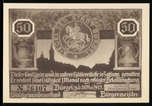 Notgeld Bürgel /Th. 1921, 50 Pfennig, Stadtsiegel und historische Szene mit Hund und Familie