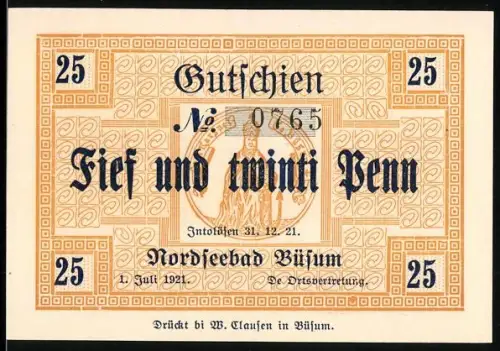 Notgeld Büsum 1921, 25 Pfennig, Wattenläufer und Statue