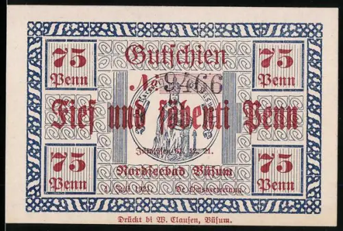 Notgeld Büsum 1921, 75 Pfennig, Küstenansicht mit Segelbooten und Ortsansicht