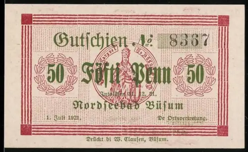 Notgeld Büsum 1921, 50 Pfennig, Statue und Fischer am Meer