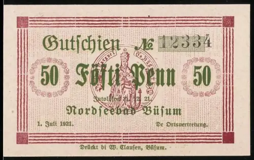 Notgeld Büsum 1921, 50 Pfennig, Seehundjäger und Segelboot am Meer
