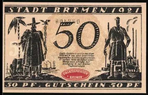Notgeld Bremen 1921, 50 Pf, Hafenarbeiter und Ortsansicht mit Kirchtürmen
