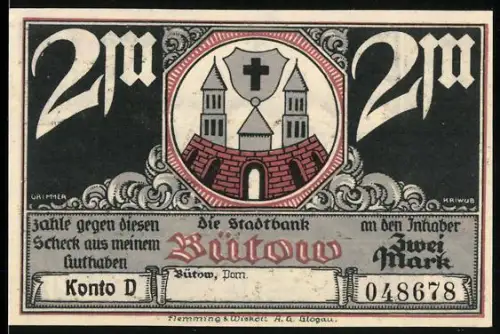 Notgeld Bütow /Pom. 1920, 2 Mark, Stadtwappen und Viadukt mit Rittern