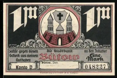 Notgeld Bütow /Pom., 1 Mark, Stadtwappen und Landschaft mit Handwerkern