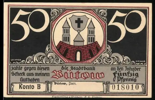 Notgeld Bütow /Pom., 50 Pfennig, Stadtwappen und Ritter auf Pferd vor Burg