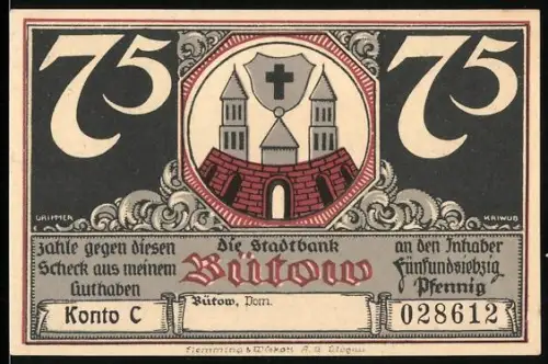 Notgeld Bütow /Pom., 75 Pfennig, Stadtwappen und Bergkirche 1490 mit umgebender Landschaft