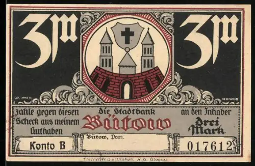 Notgeld Bütow /Pom., 3 Mark, Wappen und Seminargebäude mit Eule und Globus