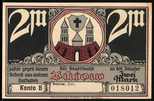 Notgeld Bütow /Pom., 2 Mark, Burgtor und Landschaft mit Viadukt und Rittern