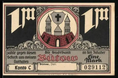 Notgeld Bütow /Pom., 1 Mark, Ortsansicht mit Handwerkern und Wappen mit Türmen und Kreuz