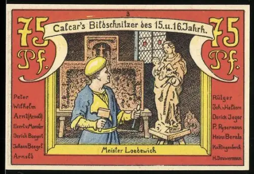 Notgeld Calcar 1921, 75 Pfennig, Bildschnitzer des 15. und 16. Jahrhunderts