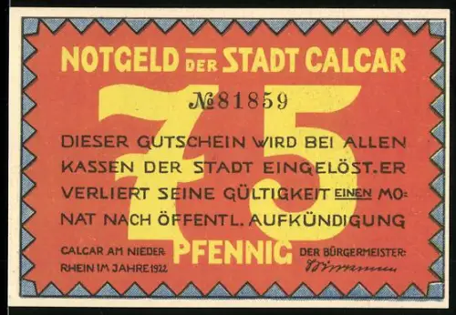 Notgeld Calcar 1921, 75 Pfennig, Ritter mit Wappen der Stadt Calcar und mittelalterliche Siegel