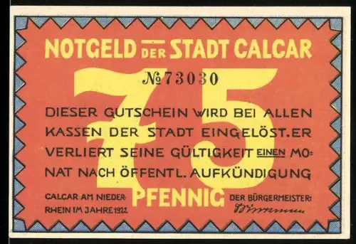 Notgeld Calcar am Niederrhein 1922, 75 Pfennig, Jan Joest von Calcar malt vor Schlosskulisse