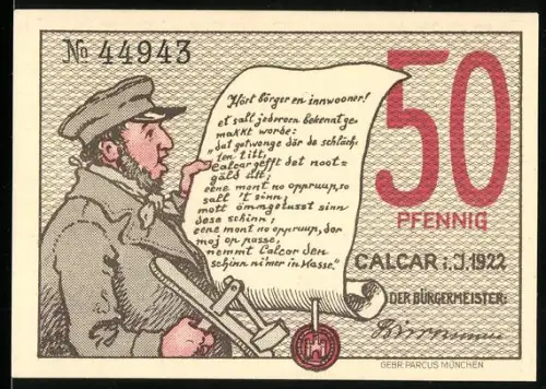 Notgeld Calcar 1922, 50 Pfennig, Verkünder mit Schriftrolle und Stadttoransicht