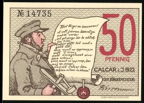 Notgeld Calcar 1922, 50 Pfennig, Mann mit Schriftrolle und Kirche im Hintergrund
