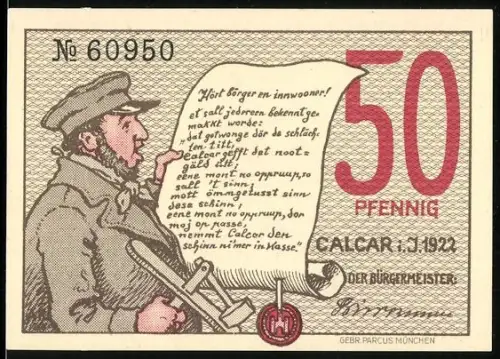 Notgeld Calcar 1922, 50 Pfennig, Soldat mit Spruchrolle und Landschaft mit Windmühle und Kirche