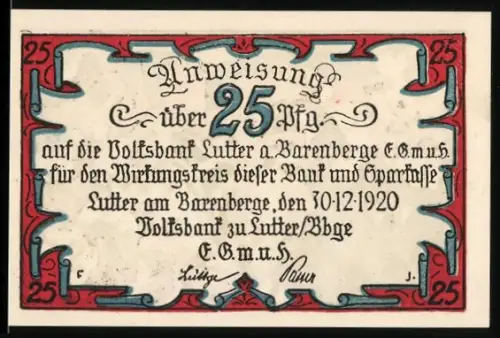 Notgeld Lutter a. Barenberge 1920, 25 Pf, Tilly nach der Schlacht bei Lutter a. Barenberge