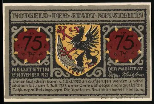 Notgeld Neustettin 1921, 75 Pf, Wappen und Marktplatz-Darstellung