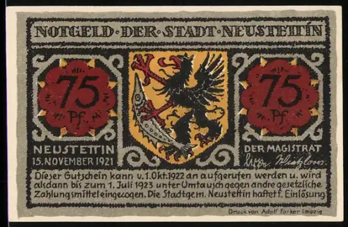 Notgeld Neustettin 1921, 75 Pf, Wappen und Seeansicht mit Kirche